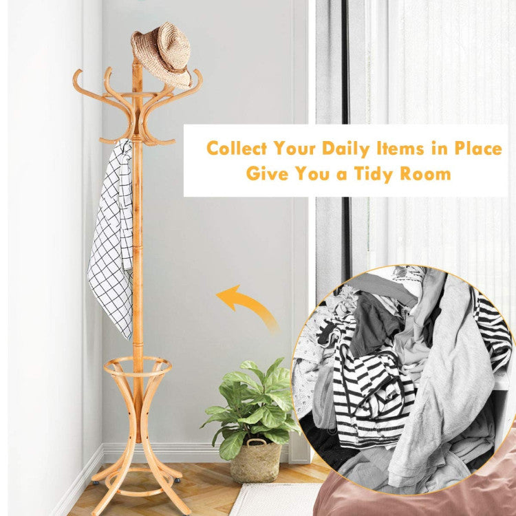 Wooden Standing Coat Rack Tree with 12 Hooks and Umbrella Stand