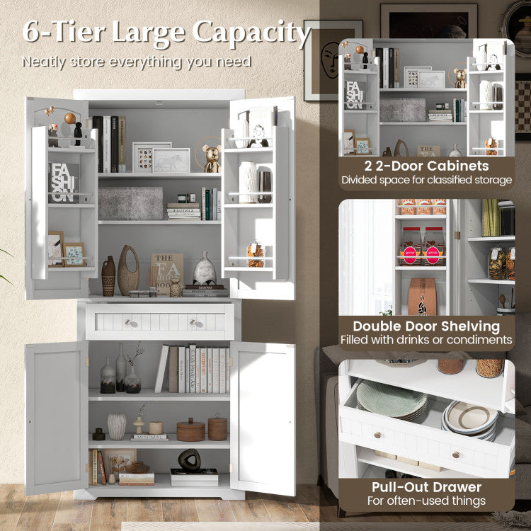 72-Inch Freestanding Kitchen Pantry Cabinet 4 Doors Storage Cupboard Shelves Drawer