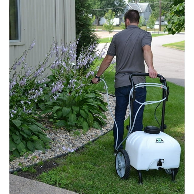 Master Mfg Lawn Sprayer, 9 Gal Tank Capacity, 12V Rechargeable Battery, 50in Coverage, Ideal for Insecticides & Herbicides, Height 24", Dia. 19"