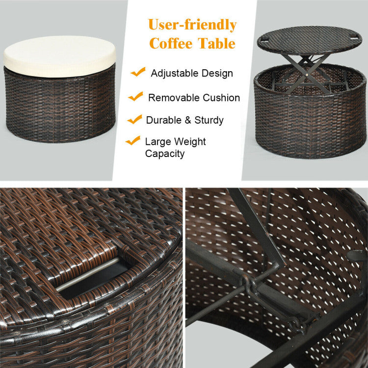 Patio Round Rattan Daybed with Retractable Canopy and Height-Adjustable Coffee Table