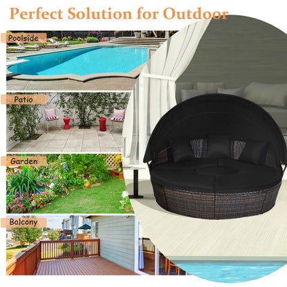 Patio Round Rattan Daybed with Retractable Canopy and Height-Adjustable Coffee Table