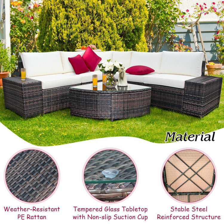 6-Piece Wicker Patio Sectional Sofa Set with Tempered Glass Coffee Table