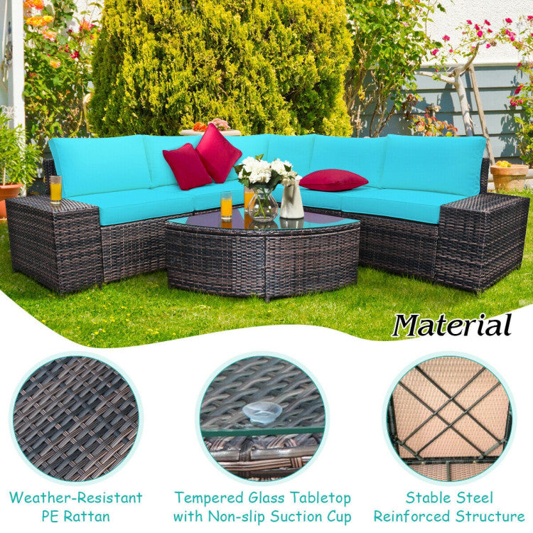 6-Piece Wicker Patio Sectional Sofa Set with Tempered Glass Coffee Table