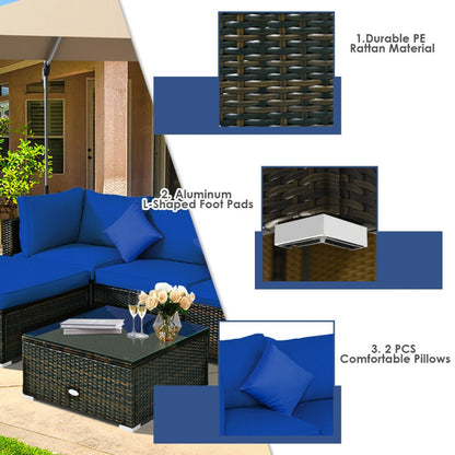 5 Piece Outdoor Patio Rattan Furniture Set Sectional Conversation with Cushions