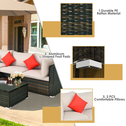 5 Piece Outdoor Patio Rattan Furniture Set Sectional Conversation with Cushions