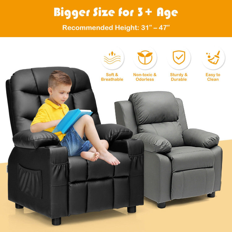 Kids PU Leather/Velvet Fabric Kids Recliner Chair with Cup Holders