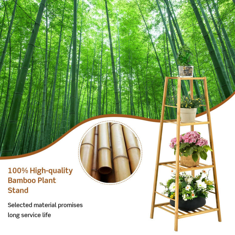 4-Potted Bamboo Tall Plant Holder Stand