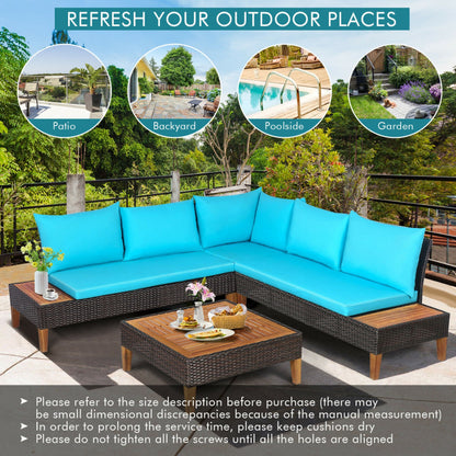 4 Piece Patio Cushioned Rattan Furniture Set with Wooden Side Table