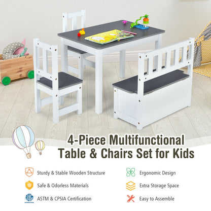 4 Piece Kids Wooden Activity Table and Chairs Set with Storage Bench