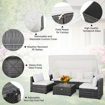 6 Piece Patio Rattan Furniture Set with Retractable Canopy