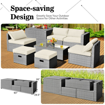 8-Piece Patio Cushioned Rattan Furniture Set with Storage and Waterproof Cover