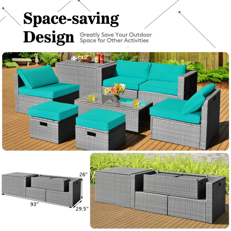 8-Piece Patio Cushioned Rattan Furniture Set with Storage and Waterproof Cover