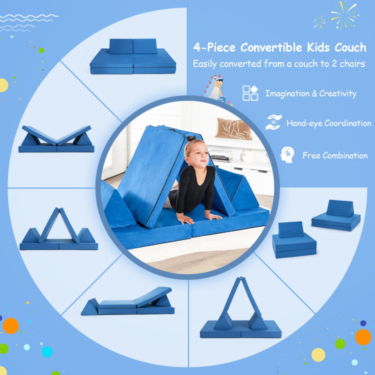 4 Piece Convertible Kids Couch Set with 2 Folding Mats