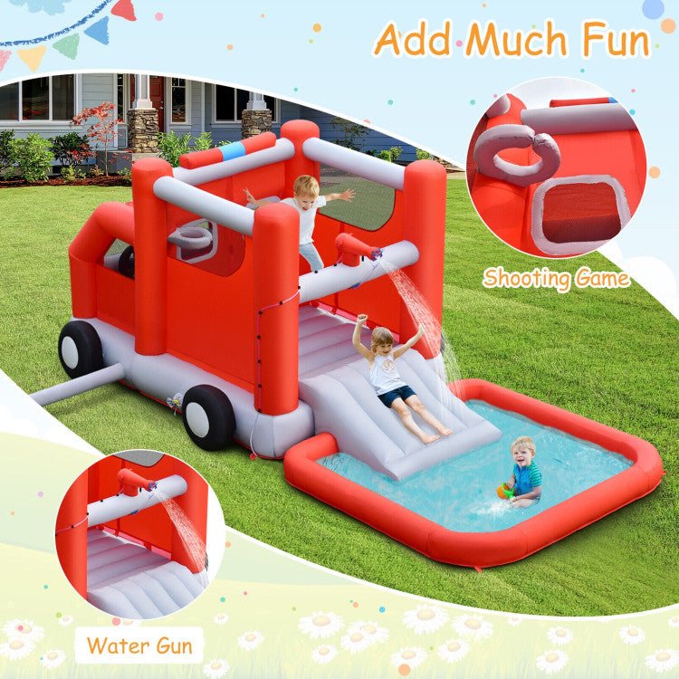 Fire Truck Themed Inflatable Kids Bounce House with 480W Blower