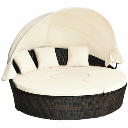 Patio Round Rattan Daybed with Retractable Canopy and Height-Adjustable Coffee Table