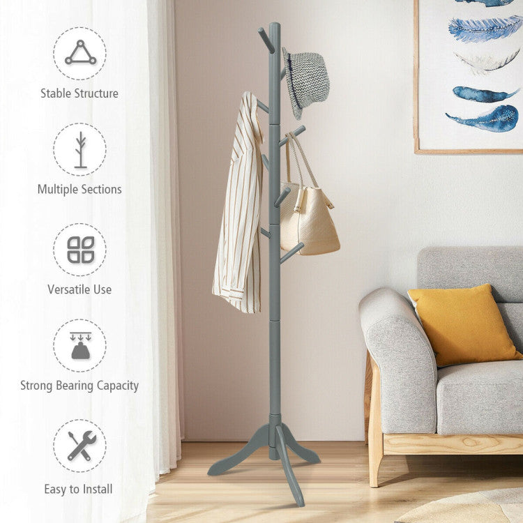 Adjustable Wooden Tree Coat Rack with 8 Hooks