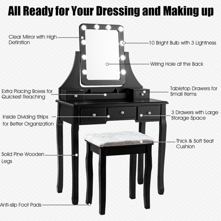 Vanity Dressing Table Set with 10 Dimmable Bulbs and Cushioned Stool