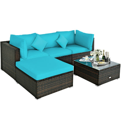 5 Piece Outdoor Patio Rattan Furniture Set Sectional Conversation with Cushions