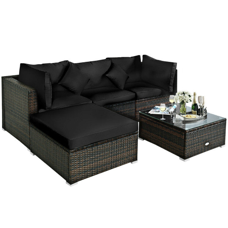 5 Piece Outdoor Patio Rattan Furniture Set Sectional Conversation with Cushions