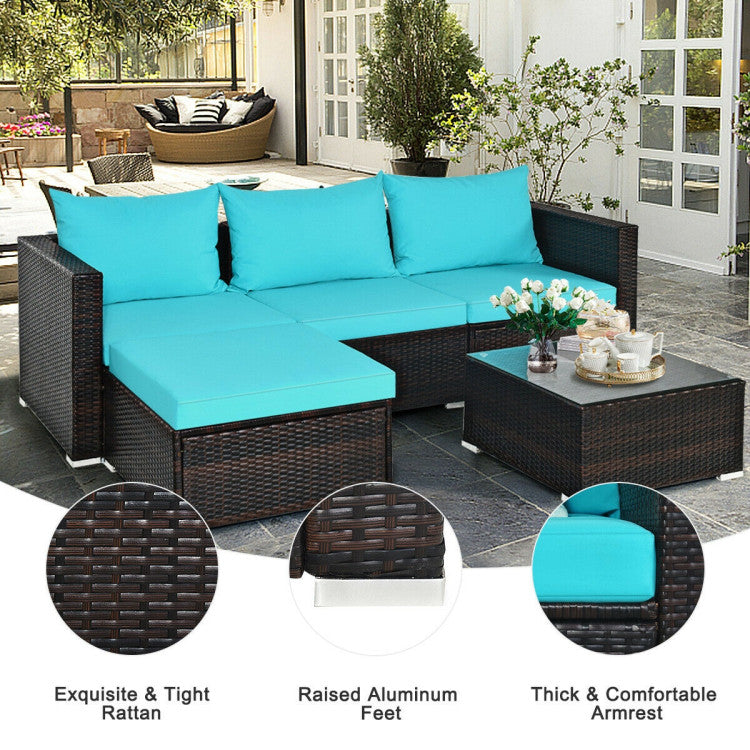 5 Pieces Patio Rattan Sectional Furniture Set with Cushions and Coffee Table