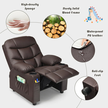 Kids PU Leather/Velvet Fabric Kids Recliner Chair with Cup Holders