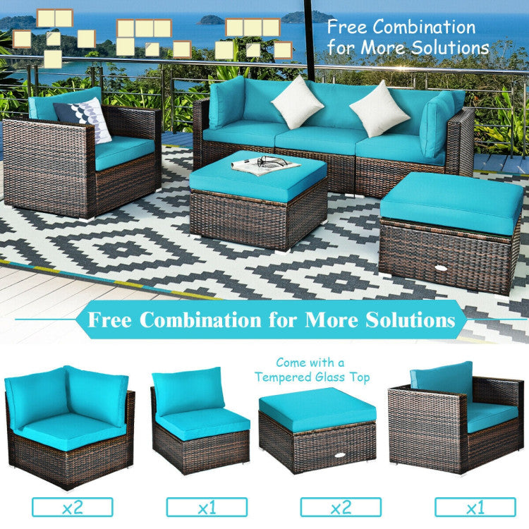 6 Piece Patio Rattan Furniture Set with Sectional Cushion