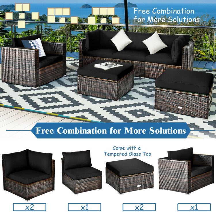 6 Piece Patio Rattan Furniture Set with Sectional Cushion