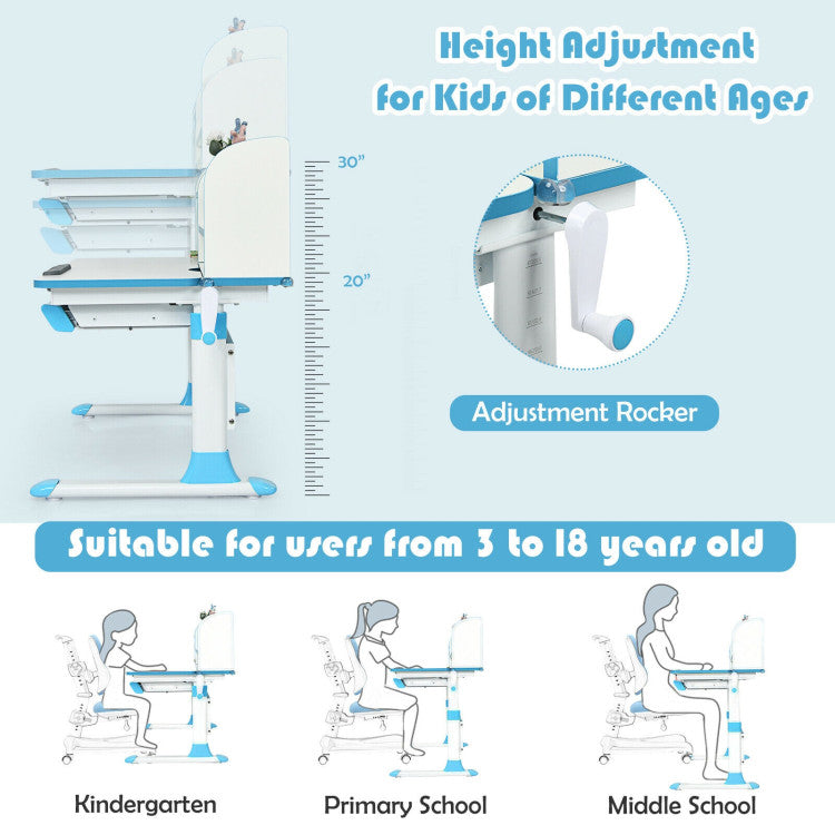 Adjustable-Height Study Desk with Drawer and Tilted Desktop for School and Home