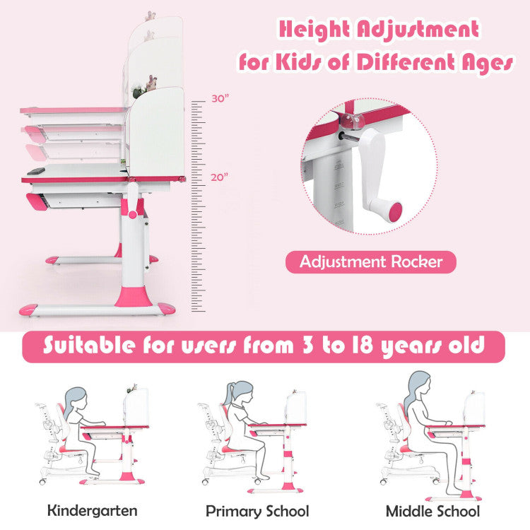 Adjustable-Height Study Desk with Drawer and Tilted Desktop for School and Home