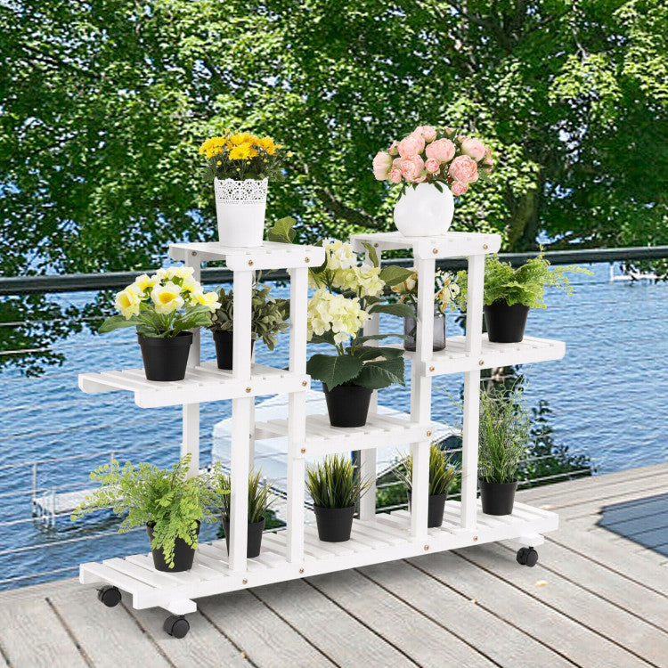 4-Tier Wood Caster Rolling Shelf Plant Stand