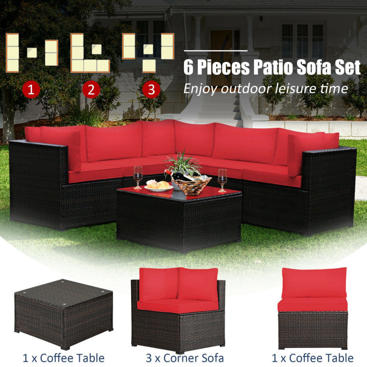 6 Piece Rattan Patio Sectional Sofa Set with Cushions for 4-5 Persons