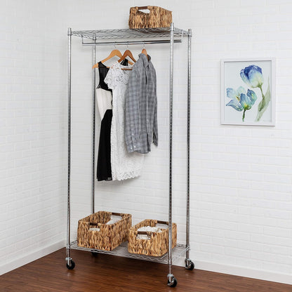 Honey-Can-Do Adjustable Height Garment Rack - Heavy Duty, Chrome Color, Metal, Sturdy, 360° Swivel Base, Lockable Casters, 36in W x 18in D x 73in H