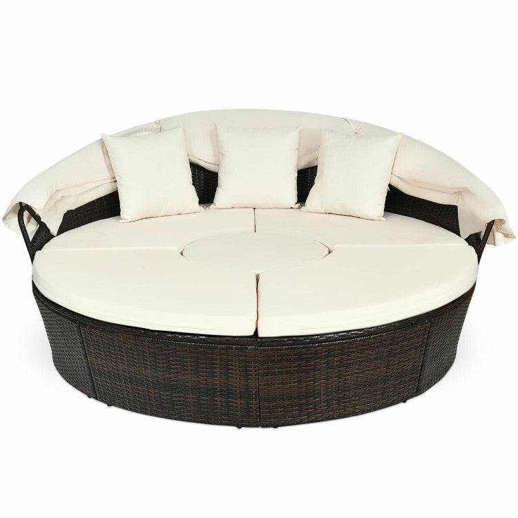 Patio Round Rattan Daybed with Retractable Canopy and Height-Adjustable Coffee Table