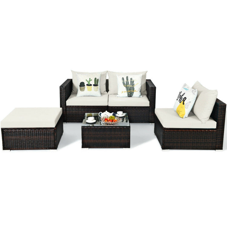 5 Pieces Patio Rattan Sectional Furniture Set with Cushions and Coffee Table