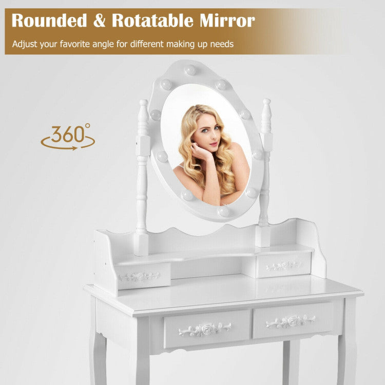 Makeup Vanity Dressing Table Set with Dimmable Bulbs and Cushioned Stool