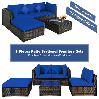 5 Piece Outdoor Patio Rattan Furniture Set Sectional Conversation with Cushions