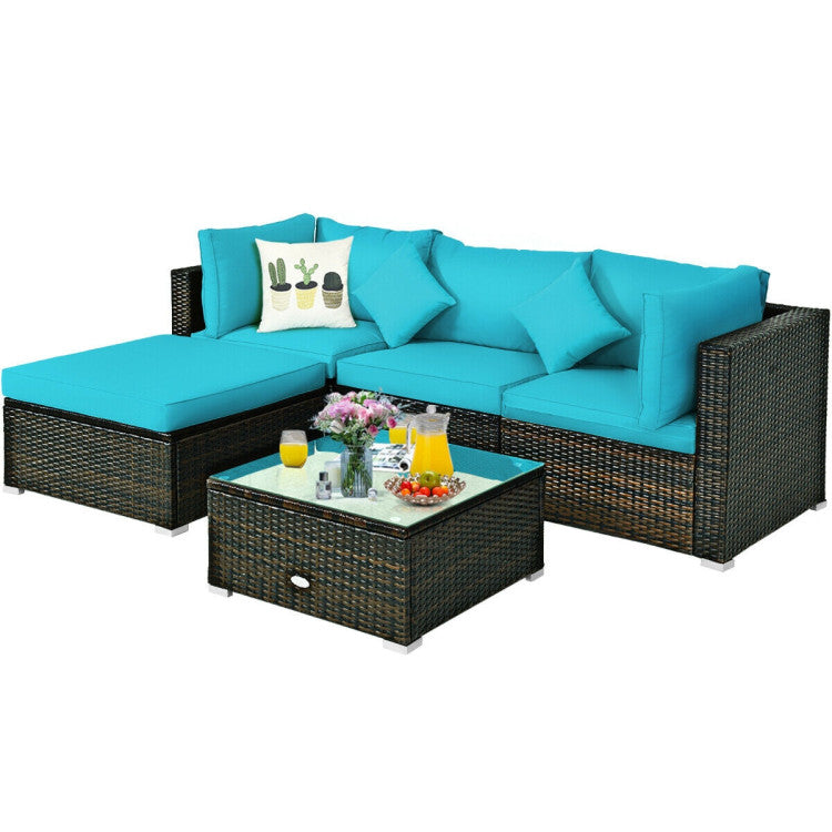 5 Piece Outdoor Patio Rattan Furniture Set Sectional Conversation with Cushions