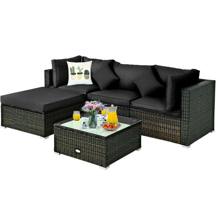 5 Piece Outdoor Patio Rattan Furniture Set Sectional Conversation with Cushions