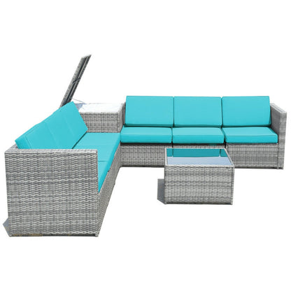 8-Piece Wicker Sofa Rattan Dining Set Patio Furniture with Storage Table