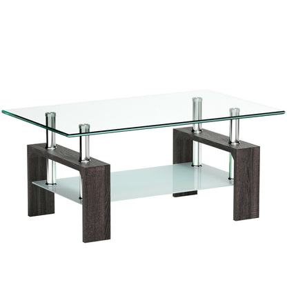 Rectangular Tempered Glass Coffee Table End Side Table with Shelf