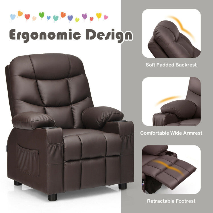 Kids PU Leather/Velvet Fabric Kids Recliner Chair with Cup Holders