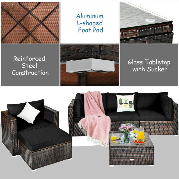 6 Piece Patio Rattan Furniture Set with Sectional Cushion