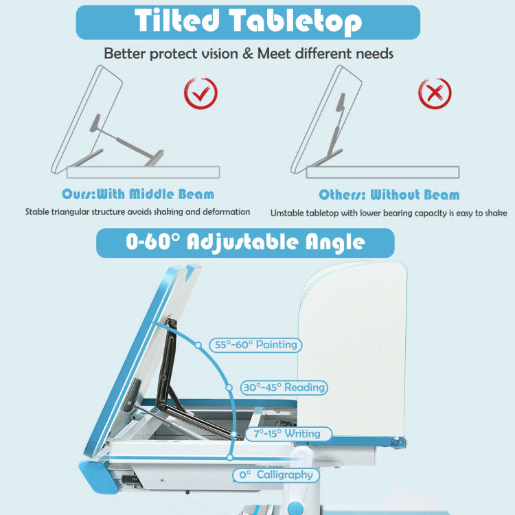 Adjustable-Height Study Desk with Drawer and Tilted Desktop for School and Home