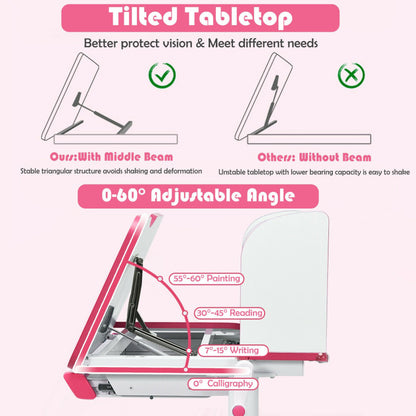 Adjustable-Height Study Desk with Drawer and Tilted Desktop for School and Home