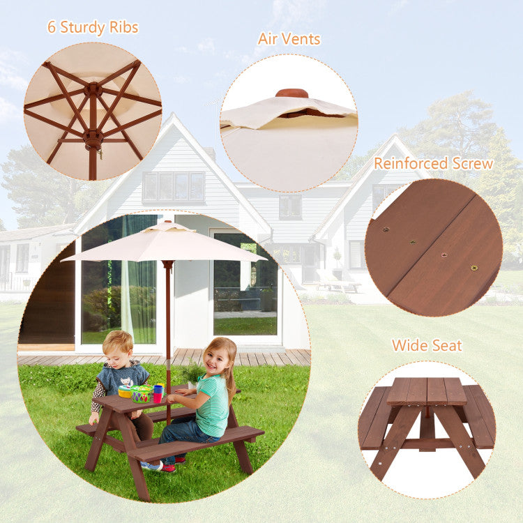 4-Seat Outdoor Kids Picnic Table Bench Set with Removable Umbrella