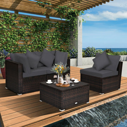 4 Piece Patio Rattan Furniture Set with Removable Cushions and Pillows