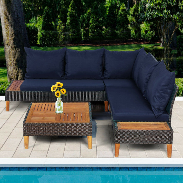 4 Piece Patio Cushioned Rattan Furniture Set with Wooden Side Table