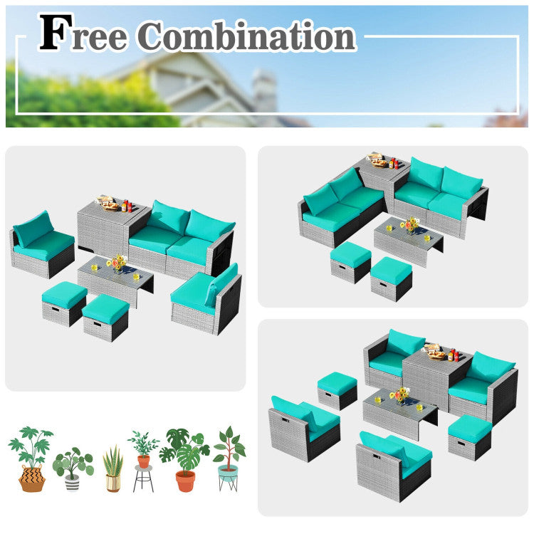 8-Piece Patio Cushioned Rattan Furniture Set with Storage and Waterproof Cover