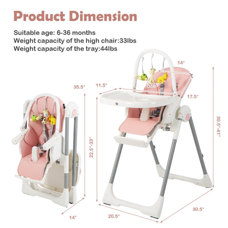 4-in-1 Foldable Baby High Chair with 7 Adjustable Heights and Free Toy Bar