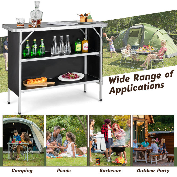Folding Camping Table with 2-Tier Open Shelves for Outdoor BBQ